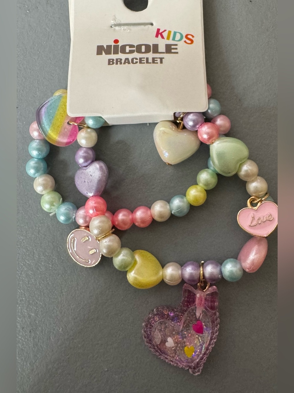 Nicole Kids Pastel Heart Charm Bracelet Set - Pink, Purple, Blue, Green, Yellow
